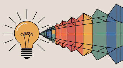 A lightbulb emitting radiating colored cubes with black outlines on a light beige background design