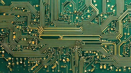 Intricate design of a printed circuit board showcasing electronic pathways and components.