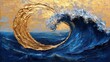 © adiba - Golden crescent moon and blue wave painting, abstract ocean art