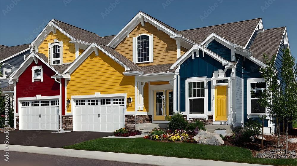 Suburb Colorful Row of colorful suburban houses show a vibrant neighborhood with unique ...