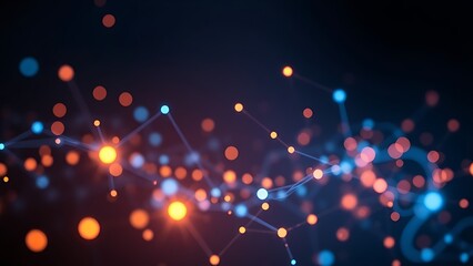 Abstract network of glowing nodes and connections in blue and orange floating in space.