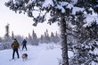 © Johnér - Male and female friends doing cross-country skiing with dog in winter