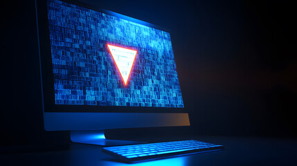 A computer screen displays a glowing red triangle against a blue binary code background. Cyber security concept.