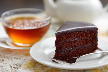 Wall Mural - Delicious chocolate cake beside a cup of tea on the table up close