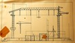 © ERWIN - Architectural blueprint sketch featuring crane designs and building structures on aged paper.