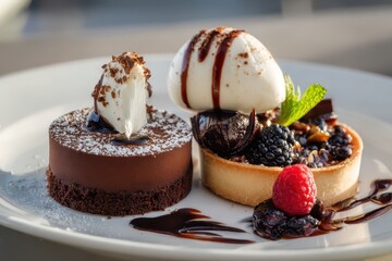 Wall Mural - A white plate holds brown desserts a chocolate cake and a tart