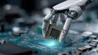 © dave - Robotic hand holding microchip wafer in blue-lit industrial lab with circuit backdrop, for semiconductor production and AI hardware development concepts.
