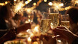 © Nognapas - Close-up of people clinking champagne glasses with golden fireworks in background, elegant New Year’s Eve holiday celebration
