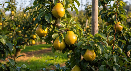 ripe pears hanging from a tree branch in a pear orchard
