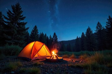 Wall Mural - A crackling campfire under a star-filled summer sky, illuminating a tent pitched in a lush forest clearing Perfect for travel, adventure, and outdoor lifestyle imagery , adventure, rustic, summer