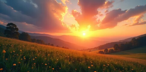 Wall Mural - a peaceful sunrise over a tranquil landscape, evoking a sense of hope and spiritual renewal, perfect