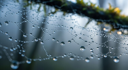 A delicate spider's web adorned with glistening morning dew, forming a natural necklace of tiny water droplets against a soft background