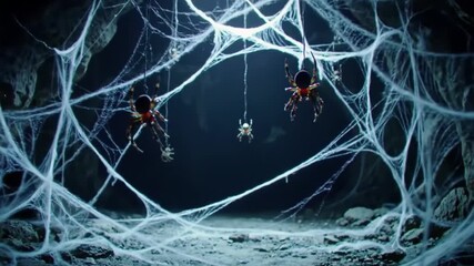 Spooky Spiderwebs in Dark Cave with Hanging Spiders.