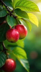Wall Mural - A lush abundance of ripe fruit hanging heavy on the branches of a fruit tree, ready for harvest  Sunlight filters through the leaves, illuminating the vibrant colors and textures ,  branches,  tree