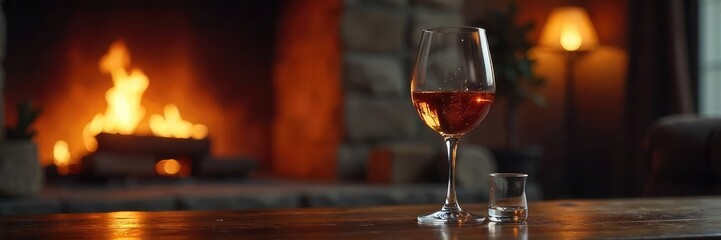 Wall Mural - A serene scene of a glass of wine beside a fireplace, soft lighting casting a warm glow, perfect for unwinding , ambience, quiet, evening