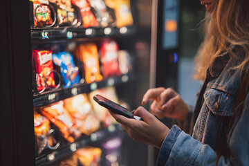 Close up view of woman paying for purchase at snack ending machine using smarthone. Contactless payment heme.