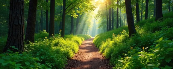 Wall Mural - A scenic hiking trail winds through a lush forest, sunlight dappling through the leaves onto the path ahead Perfect for adventure, nature, and travel themed projects , exploration, physical
