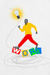 © deagreez - Artwork banner vertical photo collage of happy businessman run light bulb idea finding concept aim achievement blackout power