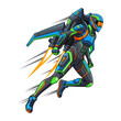 © FARHANA - Jetpack Warrior in Flight: A dynamic illustration showcasing a futuristic warrior in a sleek jetpack suit soaring across the sky, evoking a sense of speed, innovation.
