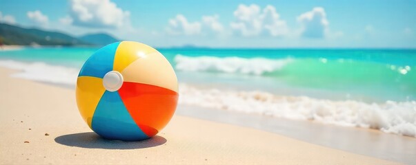 Wall Mural - A brightly colored beach ball bounces on a sun-drenched sandy beach during a vibrant summer day, capturing the essence of carefree fun and summer vacation , yellow, activity