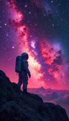 Wall Mural - A cosmonaut silhouetted against a vibrant nebula, gazing at distant galaxies The vastness of space is emphasized, highlighting the exploration theme , discovery, silhouette