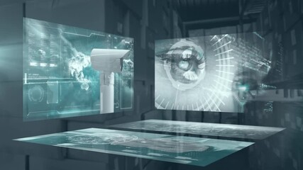 Wall Mural - animation of data processing on digital interface with security camera, caucasian woman eye