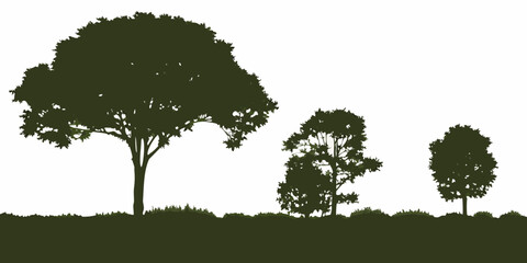 Three green trees and grass silhouettes on a white background