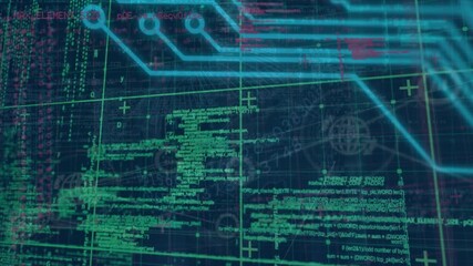 Wall Mural - animation of data processing with connecting dots, hud elements on digital interface