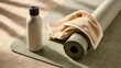 © Suravi - Light beige towel draped over a rolled green yoga mat next to a white water bottle on a textured surface with striped shadows