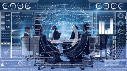 Wall Mural - animation of caucasian businesswoman giving presentation to colleagues, data on digital interface