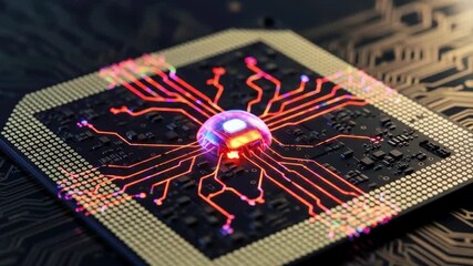 Close-up view of a futuristic microchip with glowing connections on a circuit board background