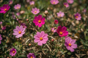 Wall Mural - Beautiful soft-focused wild cosmos flowers in pink and magenta during warm seasons