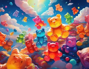 Wall Mural - colorful gummy bears floating in the sky