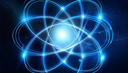 Wall Mural - glowing blue atom with swirling energy rings in dark cosmic background symbolizing quantum chaos and