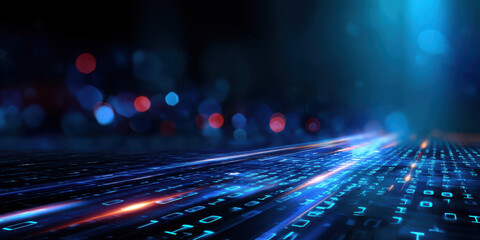 Digital futuristic technology background with glowing binary code and light streaks creating dynamic and vibrant atmosphere