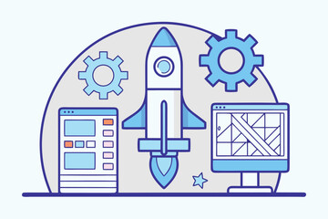 Flat Illustration of Rocket Launch and Computer Screens with Gears space technology