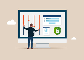 User businessman customize settings on monitor. User interface customization, programming. Creating personal pages. Flat modern vector illustration.