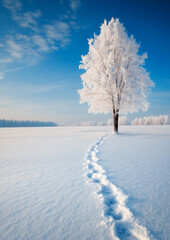 Wall Mural - Snowy field with a lone tree