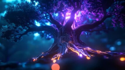 Glowing Digital Tree: Futuristic Technology and Nature Integration