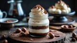 Delicious Tiramisu dessert in a mason jar displayed on a wooden tabletop
