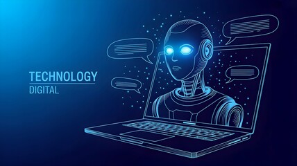 AI Chatbot Hologram with Speech Bubbles on Blue Tech Background – Low Poly Wireframe Robot Mascot as Virtual Assistant. Abstract Digital Illustration for Smart Communication and Innovation