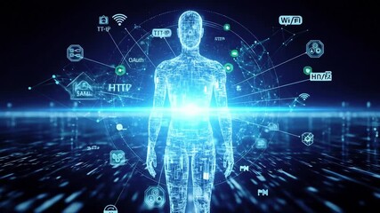 Futuristic digital representation of a human figure surrounded by technology and data connections