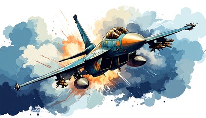 Fighter jet exploding amidst smoke