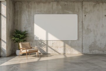 Wall Mural - contemporary vacant living space featuring sunlight and shadows, a lounge chair, and a decorative pl
