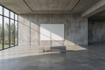 Wall Mural - minimalist concrete gallery interior featuring a large window and a solitary bench for your ad displ