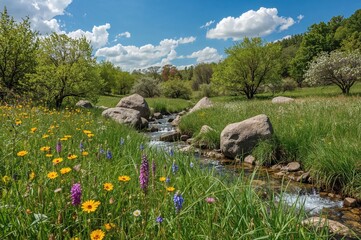 Wall Mural - Field of blossoms up front with rocky terrain in the back, featuring flora, water, sky, warm season, adventure, natural environment, blooming, greenery, scenery
