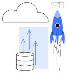 Wall Mural - Cloud computing linked to data growth with a database, ascending arrows, rocket launch, and store icon. Ideal for technology, digital innovation, data management, startup growth, e-commerce cloud