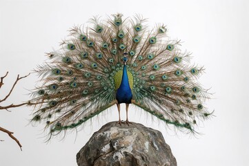 A male peacock standing on a stone against a plain white backdrop