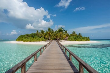 Wall Mural - serene island escape with palm-lined walkway, pristine sands, and crystal-clear waters, ideal for a 