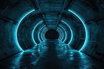 Wall Mural - futuristic neon arcs in a dark industrial tunnel with blue and green laser beams